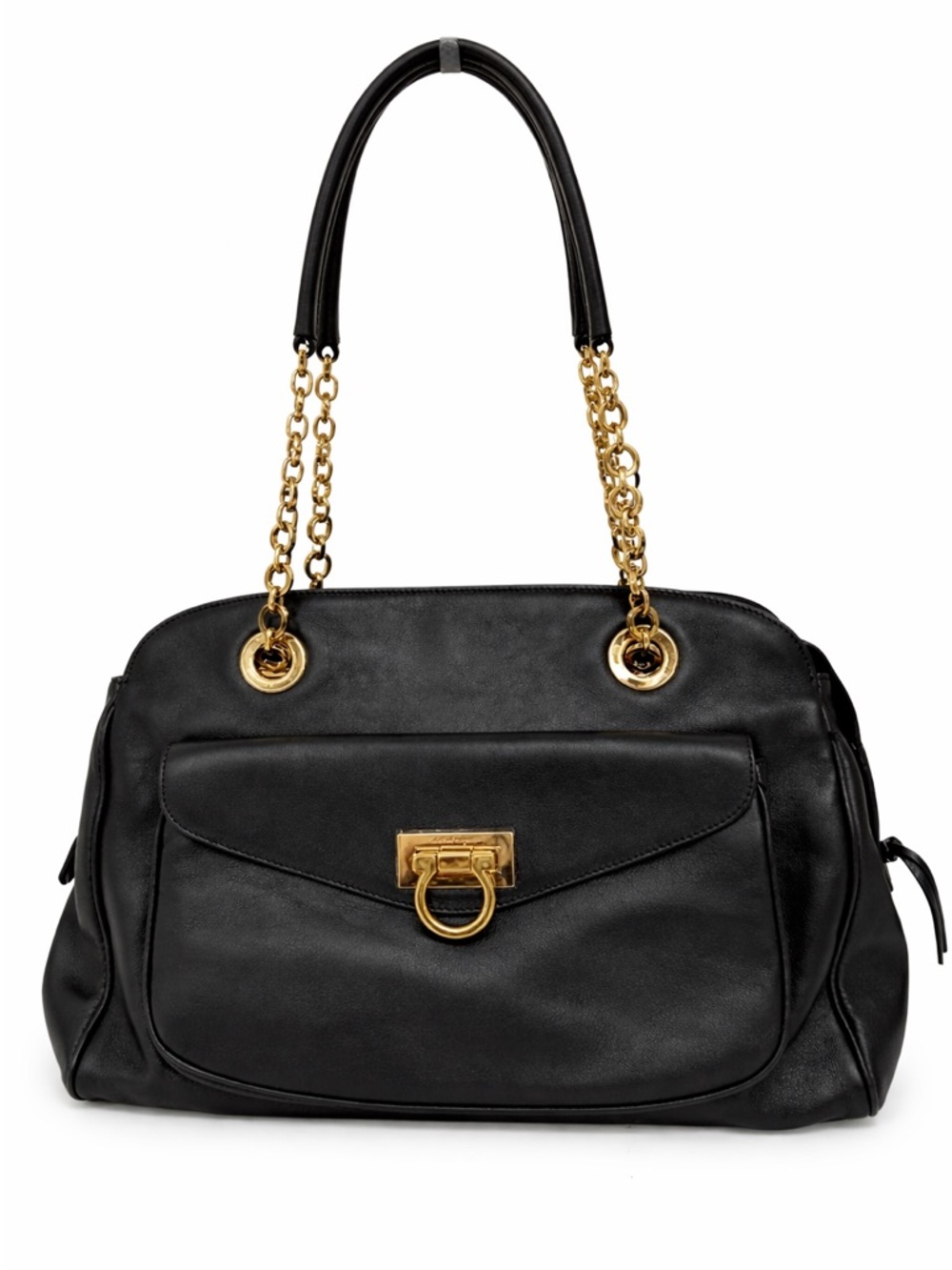 Salvatore Ferragamo Black Leather Gancini Gold Chain Shoulder Bag Vintage